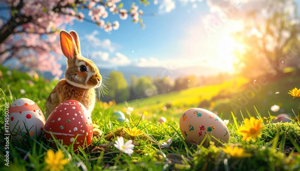 Fototapeta Easter bunny sitting on green grass with colorful decorated eggs and bright flowers under warm sunlight in spring garden