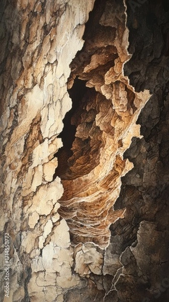 Fototapeta Closeup of rough tree bark displaying deep ridges in warm brown tones