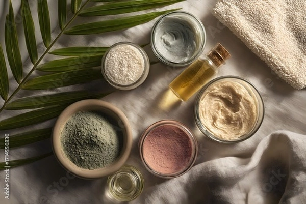 Fototapeta Natural skincare ingredients arranged on a textured surface with greenery and soft textiles in a calm setting