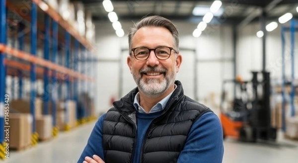 Obraz Mature Man Posing Confidently in a Warehouse Setting