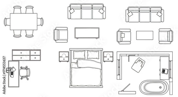 Fototapeta Top view vector drawings of home furniture sets including sofas, tables, beds, and bathtubs arranged in layouts.