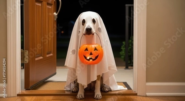 Obraz Cute Dog Dressed as a Ghost Holding a Pumpkin Candy Bucket on Halloween