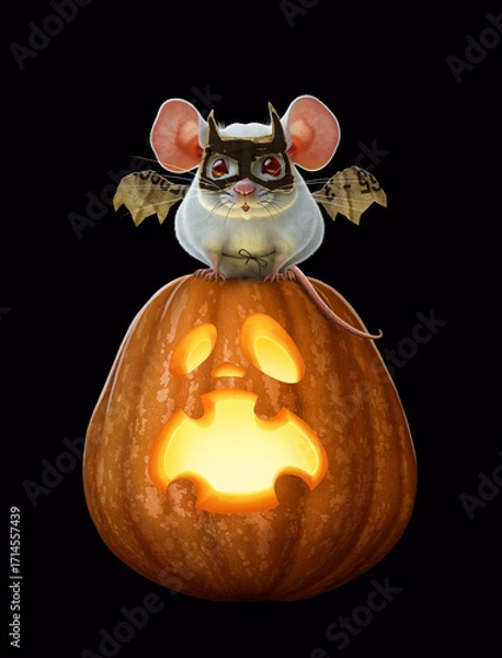 Obraz Funny white mouse in batman costume sitting on pumpkin