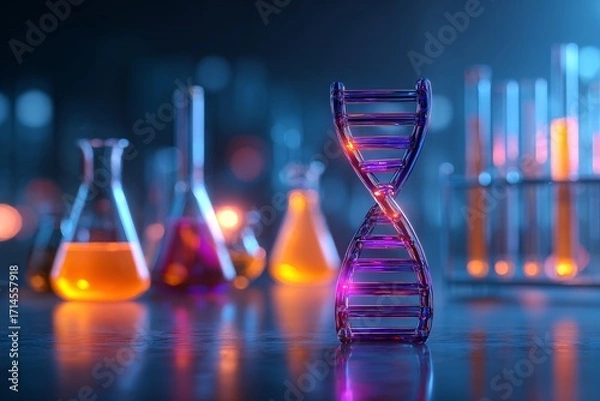 Fototapeta Glowing DNA Helix and Beakers A Vibrant Exploration of Modern Scientific Research