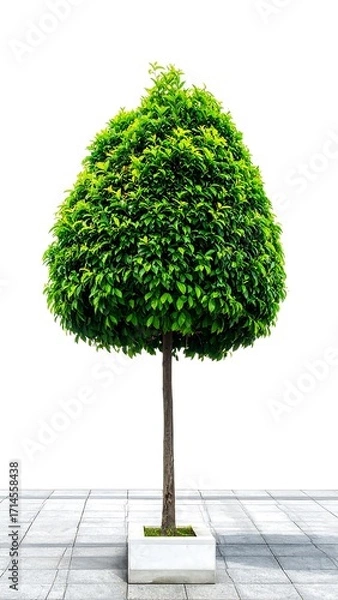 Fototapeta A vibrant, meticulously trimmed, rounded topiary tree in a white planter, positioned against a bright white backdrop.