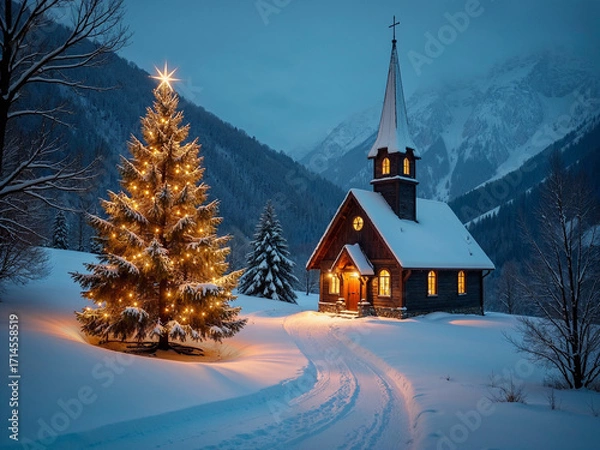 Obraz Ein Christbaum vor einer Kapelle in den Bergen