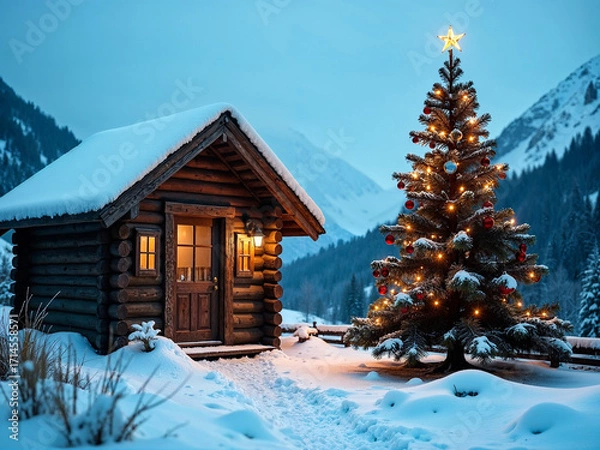 Obraz Ein Weihnachtsbaum steht vor einer kleinen Berghütte