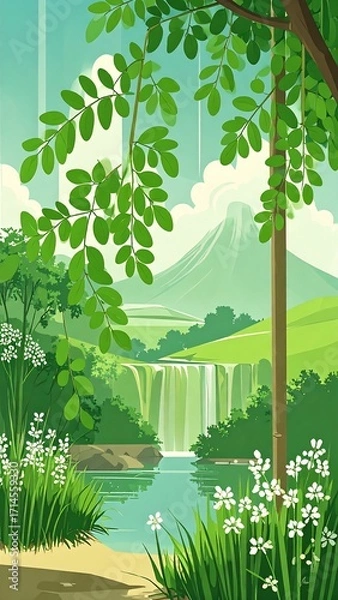 Fototapeta Lush green landscape with waterfall and mountain