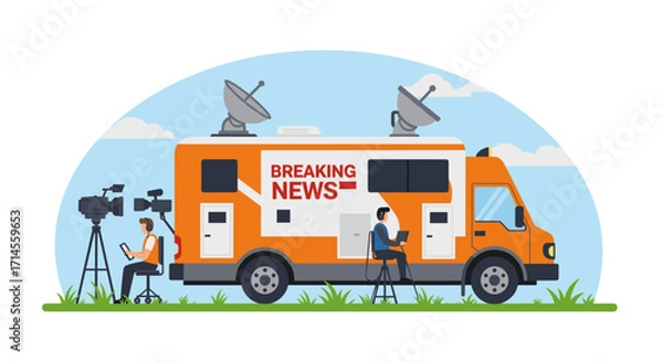 Fototapeta Mobile news broadcasting truck with journalists in action