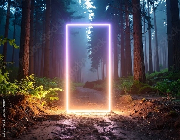 Fototapeta Neon rectangle frame in a mystical forest