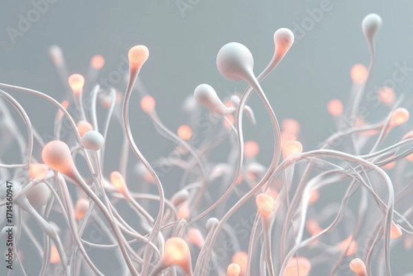 Fototapeta Abstract neuron network glowing signals minimal style white and pink color futuristic organic structure digital illustration science concept soft lighting