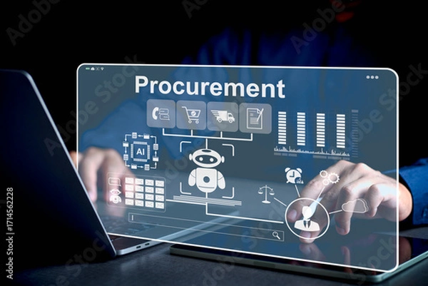 Fototapeta Entrepreneurs using digital procurement systems combined with AI technology to manage their supply chains, reducing redundant work with AI and data analytics for business efficiency.