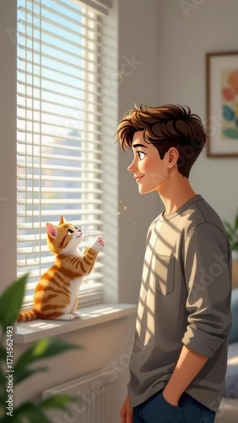 Fototapeta Cat pawing window blinds, young man with gentle smile interacting with curious orange and white cat, bright cozy room. Concept of cat pawing window blinds, pets creating warmth and joy.