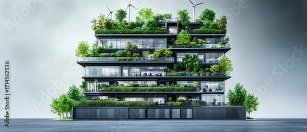 Obraz A full-view architectural rendering of a modern US federal building in muted gray and black tones, with each higher floor evolving toward eco-friendly design