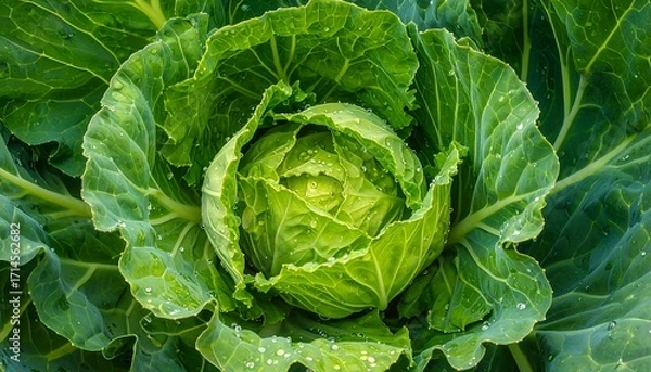 Fototapeta Close-up view of a vibrant, fresh head of cabbage, showcasing detailed leaf textures and glistening water droplets.