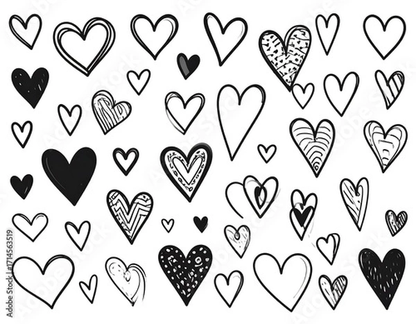 Fototapeta A collection of various hand-drawn heart shapes, showcasing a variety of styles and patterns in a whimsical and engaging design.  A simple, black and white graphic.