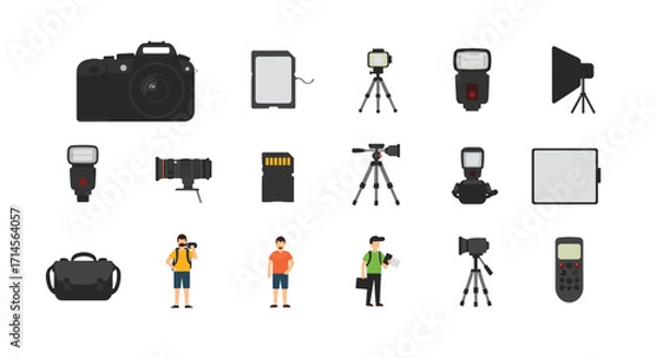 Obraz Photography gear icons set featuring cameras, lenses, and accessories