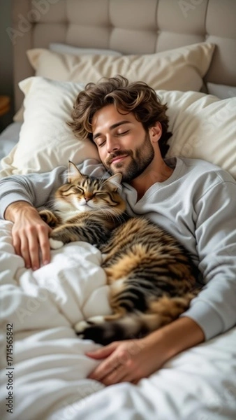 Fototapeta Cat stretching across bed pillows, cozy bedroom scene with man sleeping peacefully. Concept of cat stretching across bed pillows, warmth and comfort in serene setting.