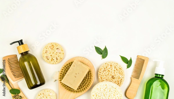 Fototapeta Natural soap bar with wooden brushes, combs, green glass pump bottles, and loofah sponges arranged on white background, evoking fresh and eco friendly skincare routine