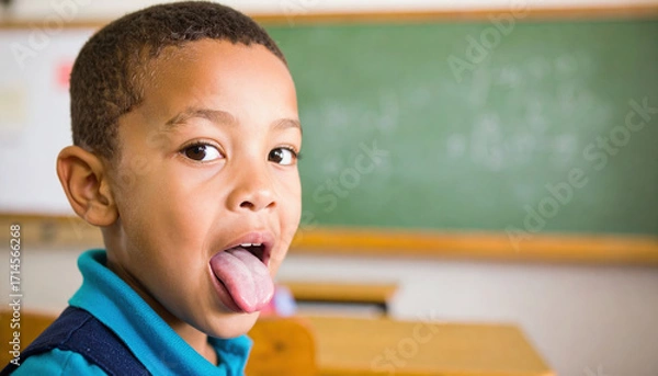 Fototapeta Boy child classroom school education tongue playful happy student learning kid indoors casual portrait cheerful elementary ethnic young male person face expression fun tongue out close up