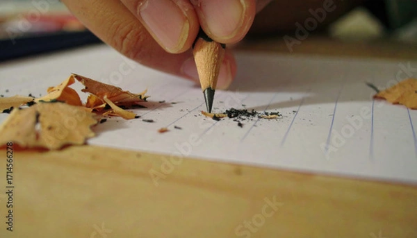 Fototapeta Close up of hand sharpening pencil on lined paper with wood shavings and graphite debris, capturing focused and detailed moment of writing preparation
