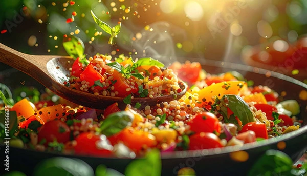 Fototapeta Quinoa salad with fresh tomato, basil, and herbs being served with wooden spoon, vibrant colors and steam rising, evoking fresh and healthy meal feeling