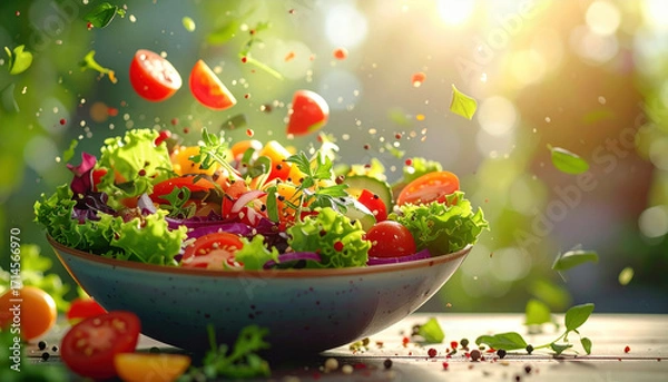 Fototapeta Fresh vegetable salad with lettuce, cherry tomato, herbs, and spices flying in bowl, glowing in warm sunlight, creating vibrant and healthy meal atmosphere
