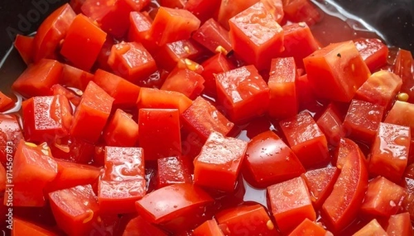Fototapeta Close-up view of diced tomatoes in a pan, glistening with juices.