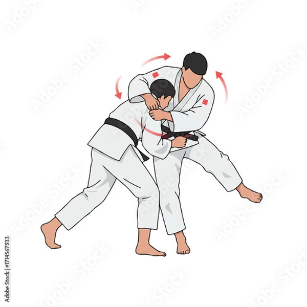 Fototapeta Dynamic flat 2D vector illustration captures judokas skillfully executing a training movement, highlighting martial arts precision and discipline on a plain white background.