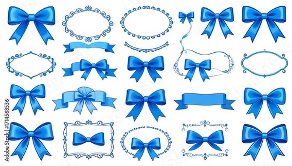 Fototapeta A collection of decorative blue bows and ribbons with ornate frames and borders, perfect for crafting projects, gift wrapping, or design elements.