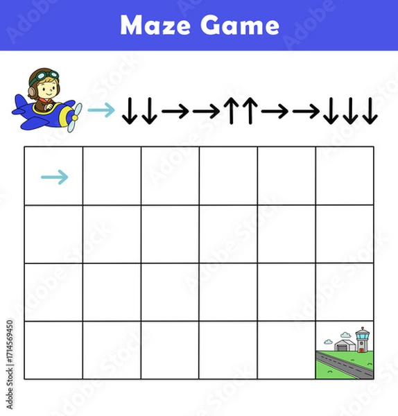 Fototapeta Maze puzzle game for children with cute airplane. Logic Labyrinth with Code Navigation. Kids labyrinth puzzle. Maze activity sheet for kids.