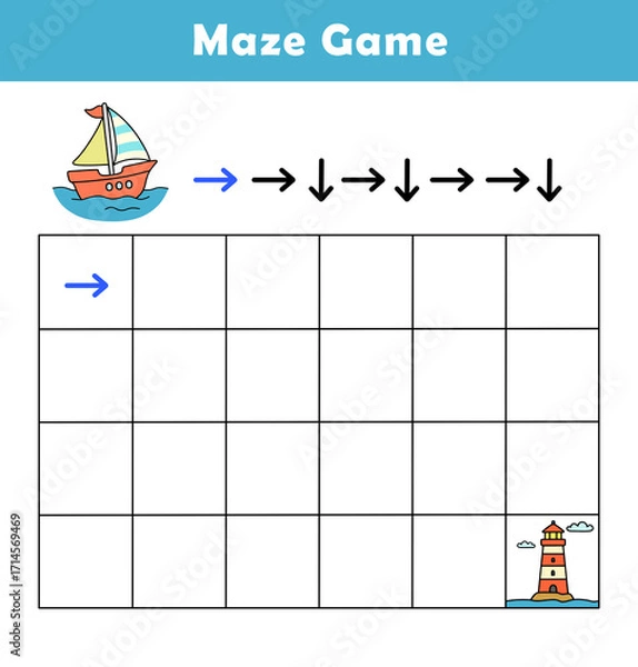 Fototapeta Maze puzzle game for children with cute boat. Logic Labyrinth with Code Navigation. Kids labyrinth puzzle. Maze activity sheet for kids.