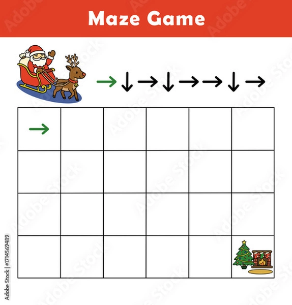 Fototapeta Maze puzzle game for children with cute christmas illustration. Logic Labyrinth with Code Navigation. Kids labyrinth puzzle. Maze activity sheet for kids.