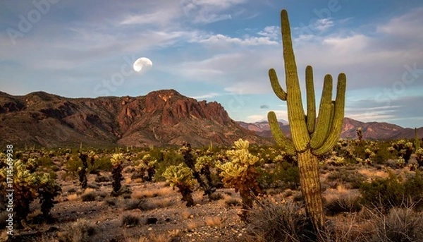 Fototapeta A saguaro cactus stands tall against a backdrop of red rock mountains and a pale moon, bathed in the soft light of the desert twilight.