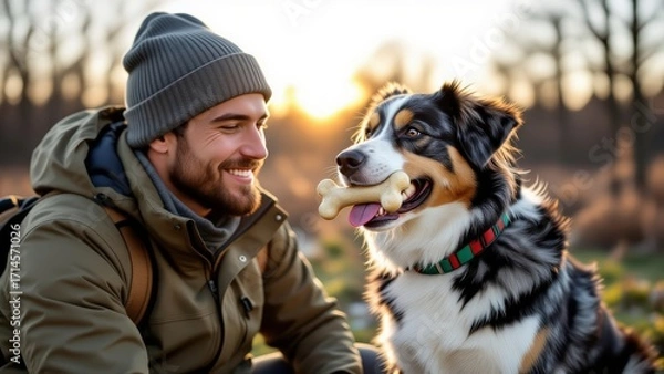 Fototapeta Dog chewing on giant bone, sitting next to man with beard, smiling. Concept of dog chewing on giant bone, warm sunset creating playful atmosphere, pets enjoying moment together.