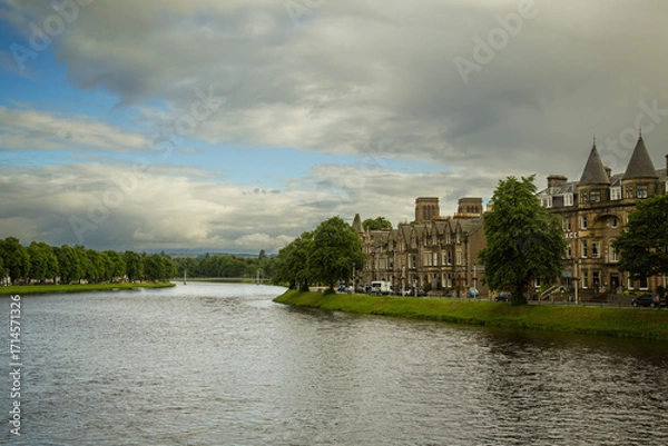 Fototapeta View of Inverness in Scotland from a bridge over the River Ness.