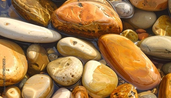 Fototapeta A close-up view of smooth, colorful stones, glistening with water, showcasing a variety of warm hues and textures.