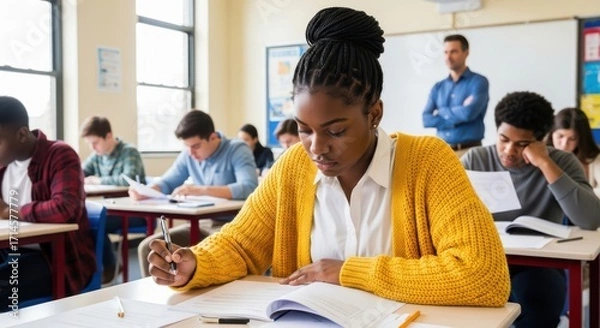 Obraz Diverse Students Take a Test in a Modern Classroom Setting