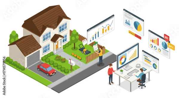 Fototapeta Smart home and office with analytics and automation in isometric design