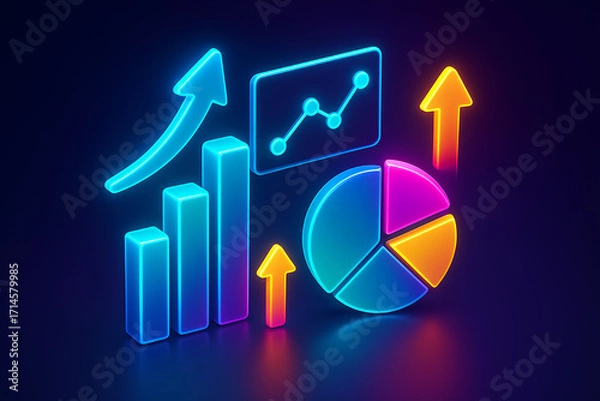 Fototapeta 3D Neon Illustration of Business Elements with Graph, Arrow, and Chart for Modern Corporate Design Background, Perfect for Finance, Marketing, Analytics, Growth, and Technology Concepts
