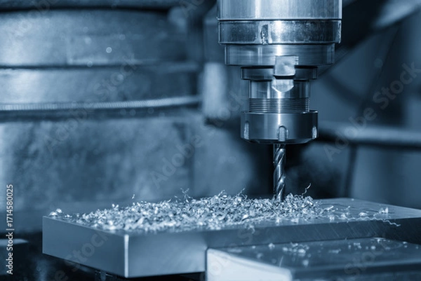 Fototapeta The hole drilling  process on NC milling machine with aluminum parts in the blue scene.