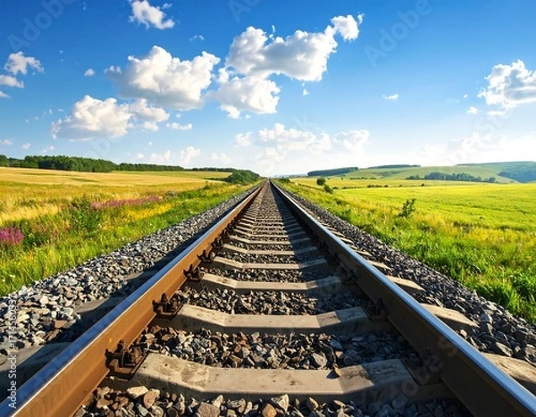 Fototapeta A perspective view of railway tracks stretching into a vibrant landscape under a clear, sunny sky.
