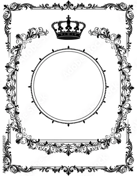 Fototapeta Ornate black and white decorative frame with a crown and circle, featuring elaborate floral and scrollwork designs.