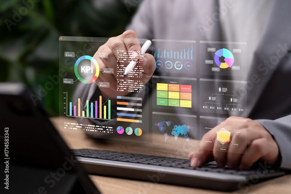 Fototapeta KPI Data Analysis Concept, Businessman Reviewing Key Performance Indicators, Strategic Business Planning, Performance Measurement, Growth Evaluation, Corporate Success Forecasting, Business Target
