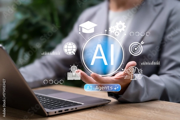 Fototapeta AI Agent in Education Concept, Businessman using Artificial Intelligence for Learning Innovation, Digital Knowledge Management, Smart Training, Future Technology for Academic and Corporate Growth