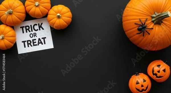 Obraz Happy Halloween pumpkins and spider on a black background with trick or treat sign
