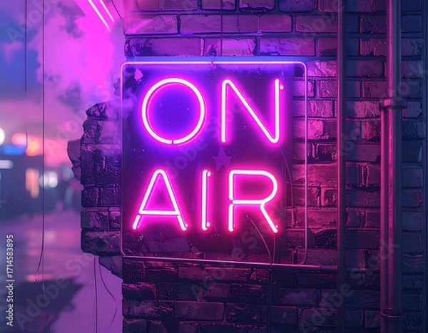 Fototapeta Neon sign "On Air" on a brick wall at night