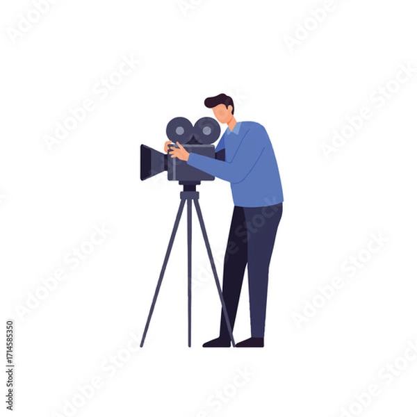 Fototapeta A flat 2D vector illustration depicts a focused cameraman meticulously adjusting his professional video camera, standing against a clean, plain white background.
