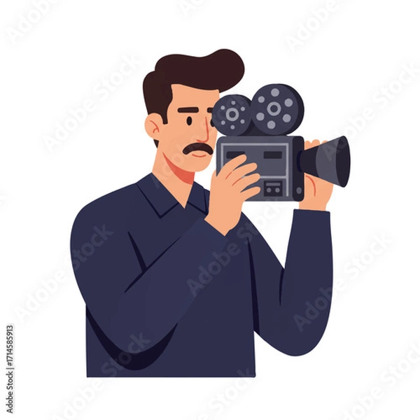 Fototapeta A professional cameraman holds a video camera, captured in a modern 2D flat vector illustration against a crisp plain white background, perfect for multimedia content.