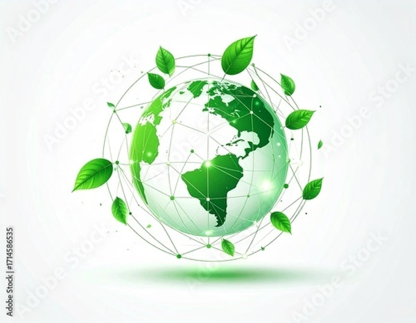 Obraz Green earth globe with leaves vector illustration for eco friendly design